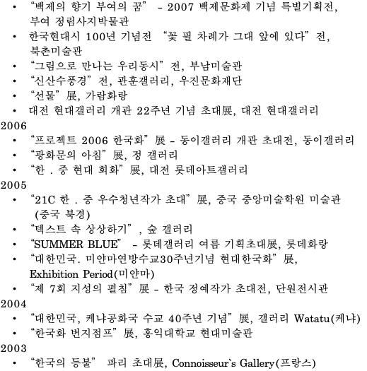 “백제의 향기 부여의 꿈” - 2007 백제문화제 기념 특별기획전, 부여 정림사지박물관 한국현대시 100년 기념전 “꽃 필 차례가 그대 앞에 있다”전, 북촌미술관 “그림으로 만나는 우리동시”전, 부남미술관 “신산수풍경”전, 관훈갤러리, 우진문화재단 “선물”展, 가람화랑 대전 현대갤러리 개관 22주년 기념 초대展, 대전 현대갤러리 2006 “프로젝트 2006 한국화”展 - 동이갤러리 개관 초대전, 동이갤러리 “광화문의 아침”展, 정 갤러리 “한 . 중 현대 회화”展, 대전 롯데아트갤러리 2005 “21C 한 . 중 우수청년작가 초대”展, 중국 중앙미술학원 미술관 (중국 북경) “텍스트 속 상상하기”, 숲 갤러리 “SUMMER BLUE” - 롯데갤러리 여름 기획초대展, 롯데화랑 “대한민국. 미얀마연방수교30주년기념 현대한국화”展, Exhibition Period(미얀마) “제 7회 지성의 펼침”展 - 한국 정예작가 초대전, 단원전시관 2004 “대한민국, 케냐공화국 수교 40주년 기념”展, 갤러리 Watatu(케냐) “한국화 번지점프”展, 홍익대학교 현대미술관 2003 “한국의 등불” 파리 초대展, Connoisseur`s Gallery(프랑스)