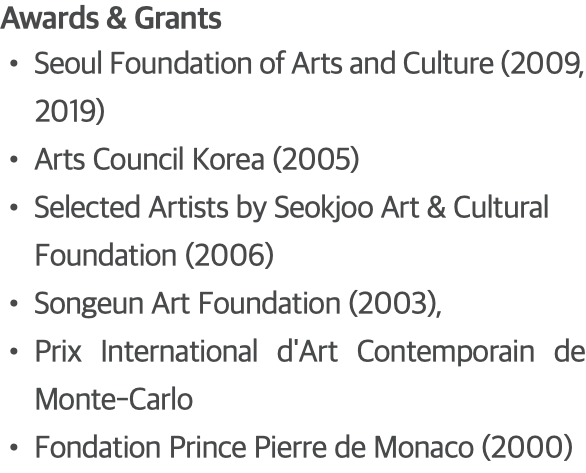 Awards & Grants Seoul Foundation of Arts and Culture (2009, 2019) Arts Council Korea (2005) Selected Artists by Seokjoo Art & Cultural Foundation (2006) Songeun Art Foundation (2003), Prix International d'Art Contemporain de Monte-Carlo Fondation Prince Pierre de Monaco (2000)