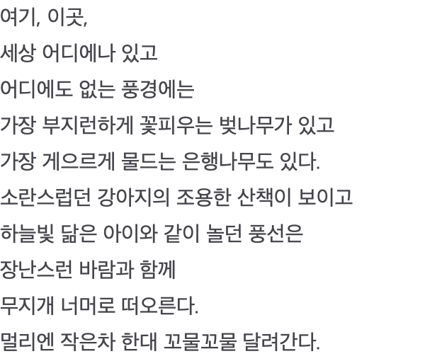 여기, 이곳, 세상 어디에나 있고 어디에도 없는 풍경에는 가장 부지런하게 꽃피우는 벚나무가 있고 가장 게으르게 물드는 은행나무도 있다. 소란스럽던 강아지의 조용한 산책이 보이고 하늘빛 닮은 아이와 같이 놀던 풍선은 장난스런 바람과 함께 무지개 너머로 떠오른다. 멀리엔 작은차 한대 꼬물꼬물 달려간다.