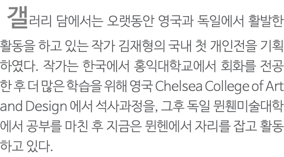  갤러리 담에서는 오랫동안 영국과 독일에서 활발한 활동을 하고 있는 작가 김재형의 국내 첫 개인전을 기획하였다. 작가는 한국에서 홍익대학교에서 회화를 전공한 후 더 많은 학습을 위해 영국 Chelsea College of Art and Design 에서 석사과정을, 그후 독일 뮌휀미술대학에서 공부를 마친 후 지금은 뮌헨에서 자리를 잡고 활동하고 있다.