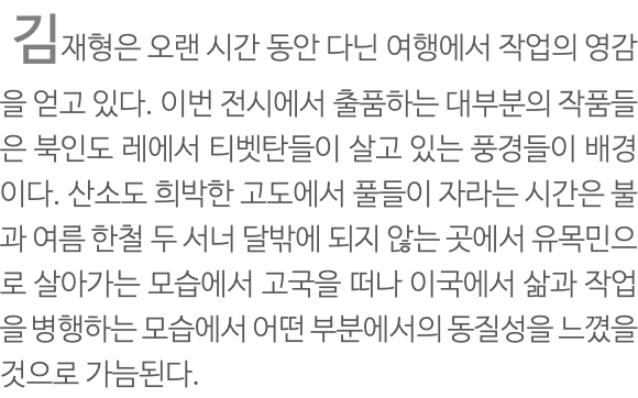  김재형은 오랜 시간 동안 다닌 여행에서 작업의 영감을 얻고 있다. 이번 전시에서 출품하는 대부분의 작품들은 북인도 레에서 티벳탄들이 살고 있는 풍경들이 배경이다. 산소도 희박한 고도에서 풀들이 자라는 시간은 불과 여름 한철 두 서너 달밖에 되지 않는 곳에서 유목민으로 살아가는 모습에서 고국을 떠나 이국에서 삶과 작업을 병행하는 모습에서 어떤 부분에서의 동질성을 느꼈을 것으로 가늠된다.