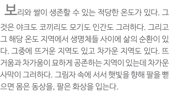  보리와 쌀이 생존할 수 있는 적당한 온도가 있다. 그것은 야크도 코끼리도 모기도 인간도 그러하다. 그리고 그 해당 온도 지역에서 생명체들 사이에 삶의 순환이 있다. 그중에 뜨거운 지역도 있고 차가운 지역도 있다. 뜨거움과 차가움이 묘하게 공존하는 지역이 있는데 차가운 사막이 그러하다. 그림자 속에 서서 햇빛을 향해 팔을 뻗으면 몸은 동상을, 팔은 화상을 입는다.