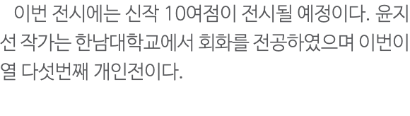  이번 전시에는 신작 10여점이 전시될 예정이다. 윤지선 작가는 한남대학교에서 회화를 전공하였으며 이번이 열 다섯번째 개인전이다. 