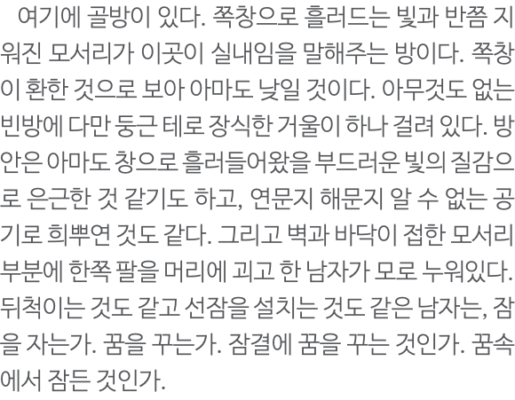  여기에 골방이 있다. 쪽창으로 흘러드는 빛과 반쯤 지워진 모서리가 이곳이 실내임을 말해주는 방이다. 쪽창이 환한 것으로 보아 아마도 낮일 것이다. 아무것도 없는 빈방에 다만 둥근 테로 장식한 거울이 하나 걸려 있다. 방 안은 아마도 창으로 흘러들어왔을 부드러운 빛의 질감으로 은근한 것 같기도 하고, 연문지 해문지 알 수 없는 공기로 희뿌연 것도 같다. 그리고 벽과 바닥이 접한 모서리 부분에 한쪽 팔을 머리에 괴고 한 남자가 모로 누워있다. 뒤척이는 것도 같고 선잠을 설치는 것도 같은 남자는, 잠을 자는가. 꿈을 꾸는가. 잠결에 꿈을 꾸는 것인가. 꿈속에서 잠든 것인가.