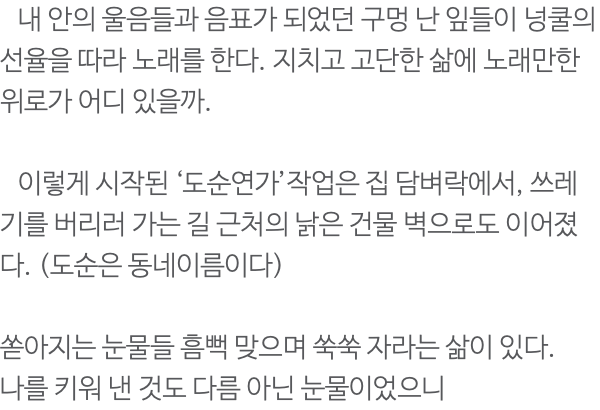  내 안의 울음들과 음표가 되었던 구멍 난 잎들이 넝쿨의 선율을 따라 노래를 한다. 지치고 고단한 삶에 노래만한 위로가 어디 있을까. 이렇게 시작된 ‘도순연가’작업은 집 담벼락에서, 쓰레기를 버리러 가는 길 근처의 낡은 건물 벽으로도 이어졌다. (도순은 동네이름이다) 쏟아지는 눈물들 흠뻑 맞으며 쑥쑥 자라는 삶이 있다. 나를 키워 낸 것도 다름 아닌 눈물이었으니