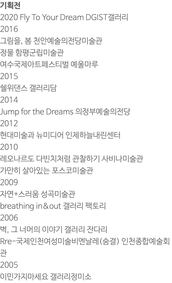 기획전 2020 Fly To Your Dream DGIST갤러리 2016 그림을, 봄 천안예술의전당미술관 정물 함평군립미술관 여수국제아트페스티벌 예울마루 2015 쉘위댄스 갤러리담 2014 Jump for the Dreams 의정부예술의전당 2012 현대미술과 뉴미디어 인제하늘내린센터 2010 레오나르도 다빈치처럼 관찰하기 사비나미술관 가만히 살아있는 포스코미술관 2009 자연+스러움 성곡미술관 breathing in&out 갤러리 팩토리 2006 벽, 그 너머의 이야기 갤러리 잔다리 Rre-국제인천여성미술비엔날레(숨결) 인천종합예술회관 2005 이민가지마세요 갤러리정미소 