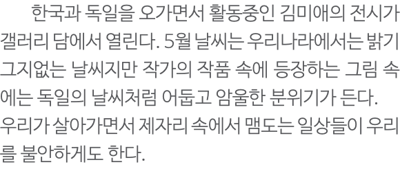  한국과 독일을 오가면서 활동중인 김미애의 전시가 갤러리 담에서 열린다. 5월 날씨는 우리나라에서는 밝기 그지없는 날씨지만 작가의 작품 속에 등장하는 그림 속에는 독일의 날씨처럼 어둡고 암울한 분위기가 든다. 우리가 살아가면서 제자리 속에서 맴도는 일상들이 우리를 불안하게도 한다.