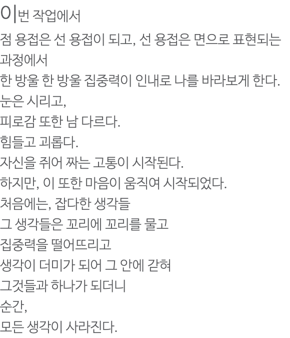 이번 작업에서 점 용접은 선 용접이 되고, 선 용접은 면으로 표현되는 과정에서 한 방울 한 방울 집중력이 인내로 나를 바라보게 한다. 눈은 시리고, 피로감 또한 남 다르다. 힘들고 괴롭다. 자신을 쥐어 짜는 고통이 시작된다. 하지만, 이 또한 마음이 움직여 시작되었다. 처음에는, 잡다한 생각들 그 생각들은 꼬리에 꼬리를 물고 집중력을 떨어뜨리고 생각이 더미가 되어 그 안에 갇혀 그것들과 하나가 되더니 순간, 모든 생각이 사라진다.